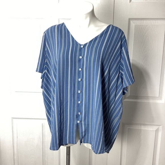 LuLaRoe Blouse Lularoe Striped Blue White Short Sleeve Button Front Top 3XL - Picture 1 of 11